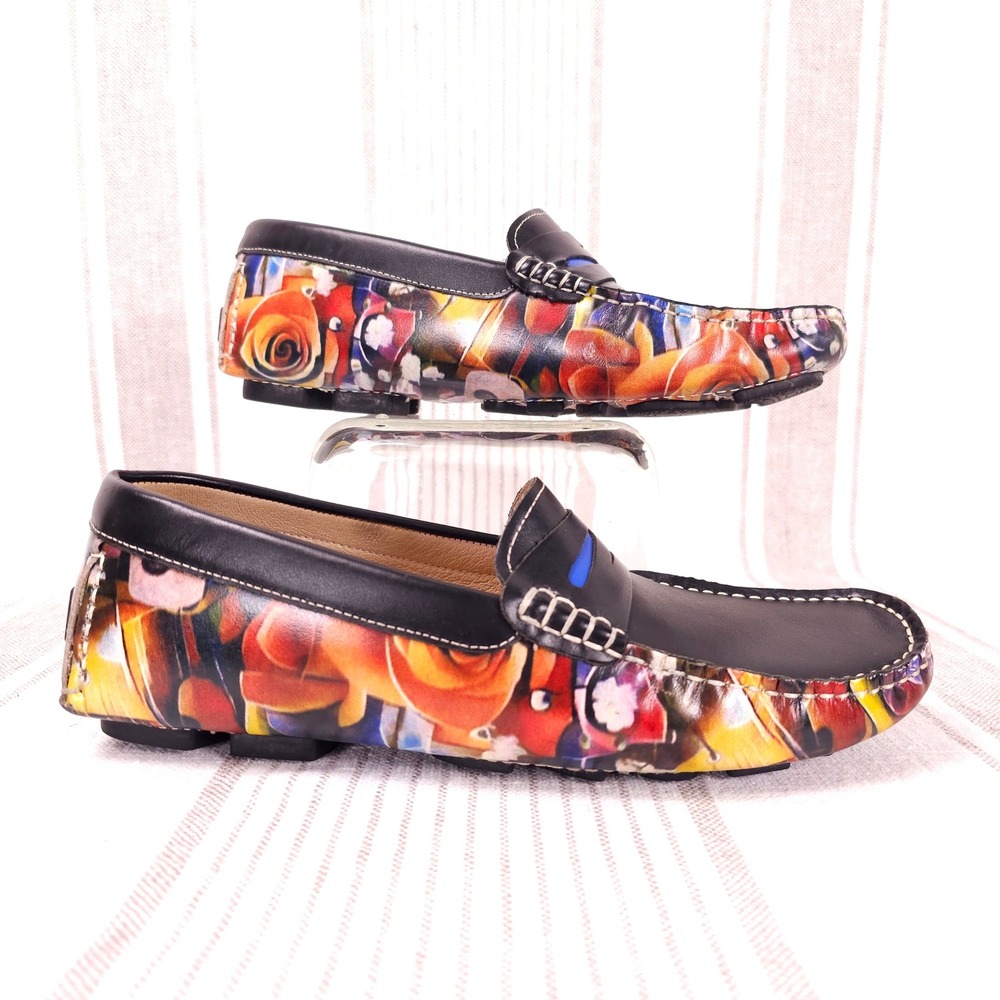 Robert Graham Penny Loafer Shoes Mens 8 Black Leather Floral Pattern Preppy Golf